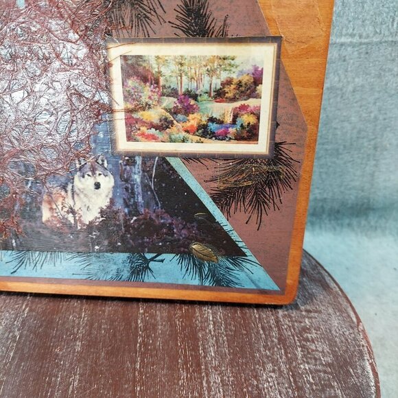 Handmade Wooden Purse With Nature-Inspired Wolf & Landscape Artwork Beaded Handl - Picture 8 of 16